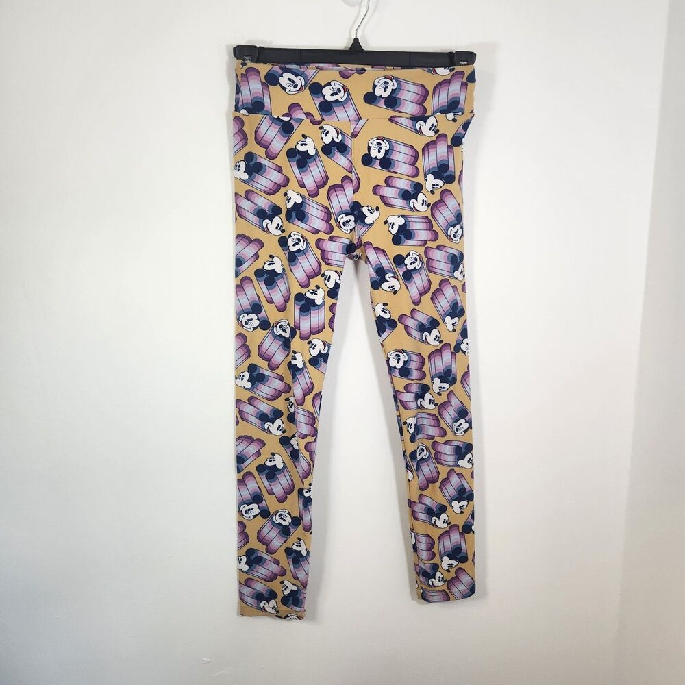 LuLaRoe Leggings OS Pre-Owned Disney Mickey Mouse Purples Yellow Background